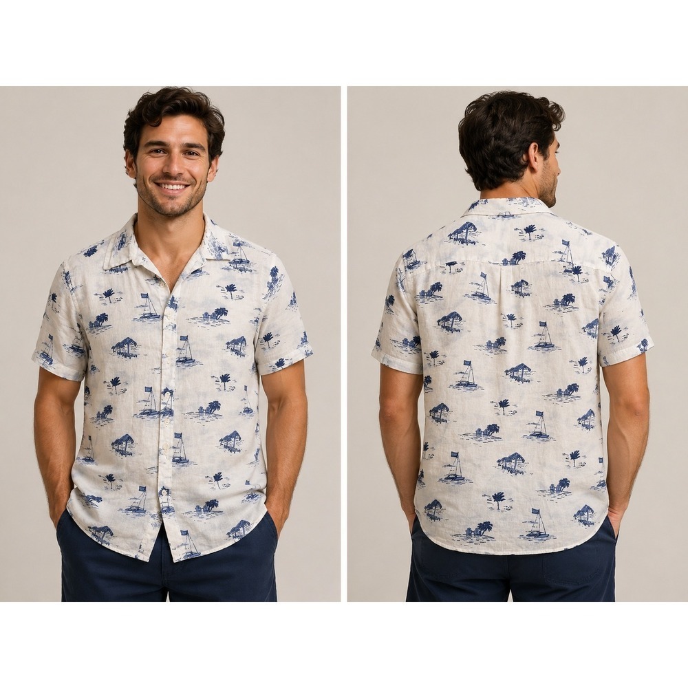 Vinyard Vines 100% Linen Mens Short Sleeve Button Down Tropical Beach Shirt